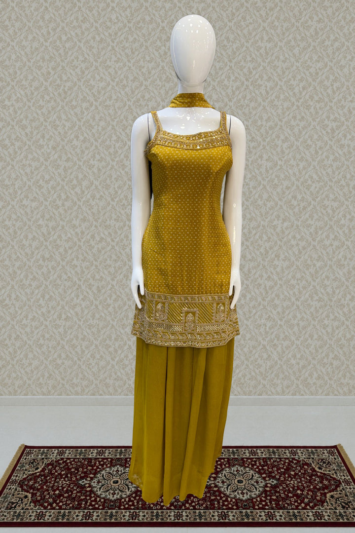 Mustard Sequins, Beads, Stone and Zari work with Bandini Print Palazzo Salwar Suit