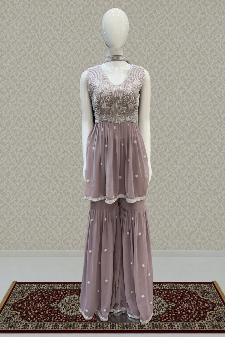 Lilac Beads, Sequins and Thread work Peplum Top with Sharara Suit Set