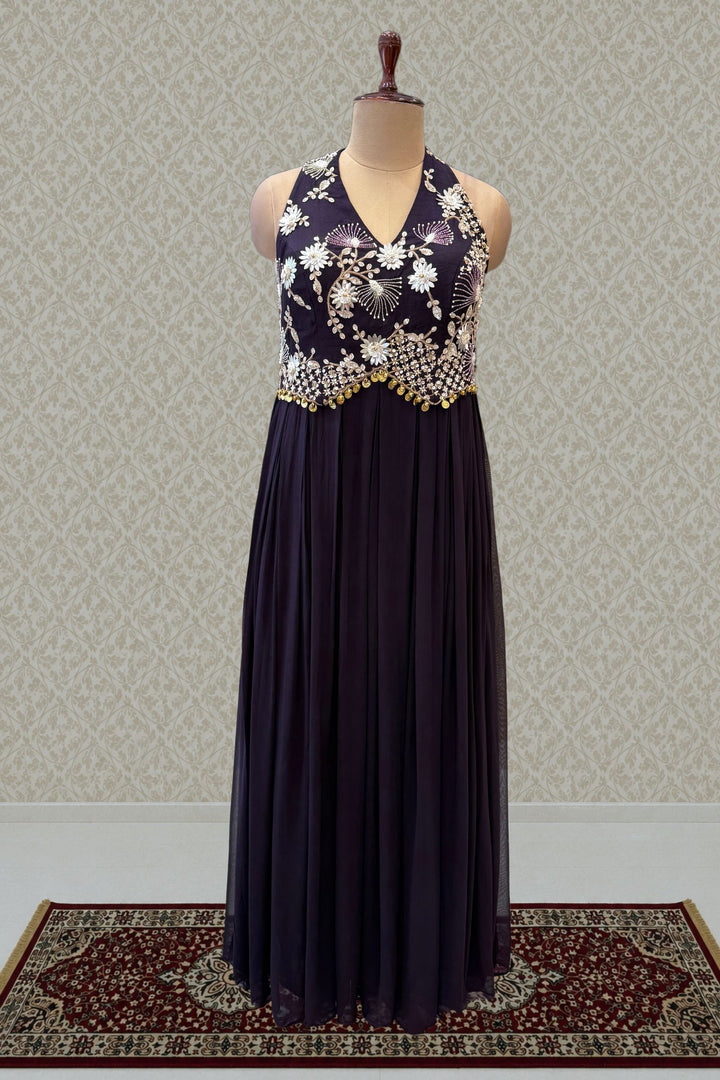 Wine Beads and Zari work Halter Neck Floor Length Anarkali Suit