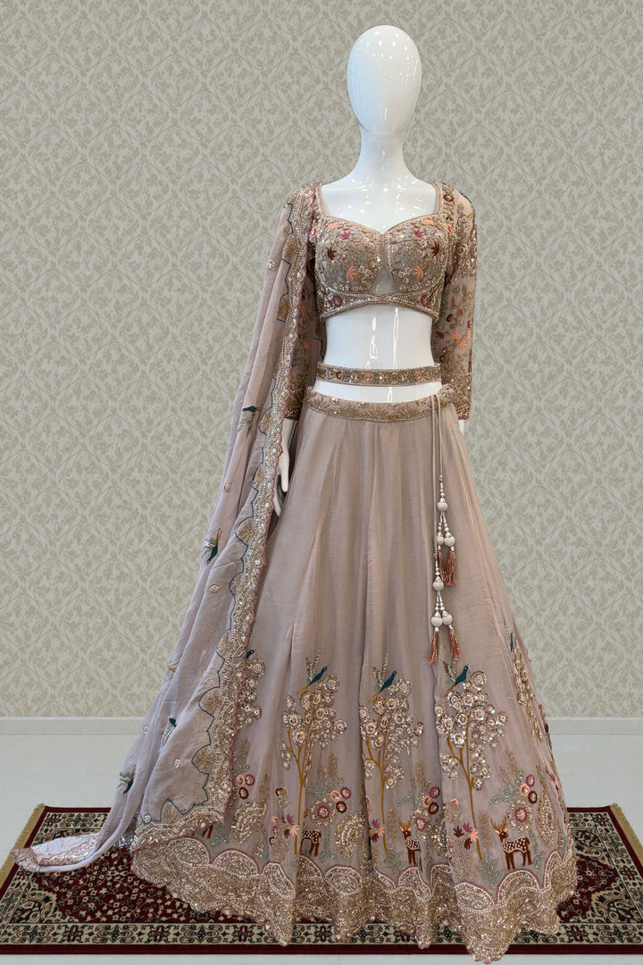 Beige Wedding Lehenga with Bird and Deer Motifs and Floral Bloom Embroidery with Belt
