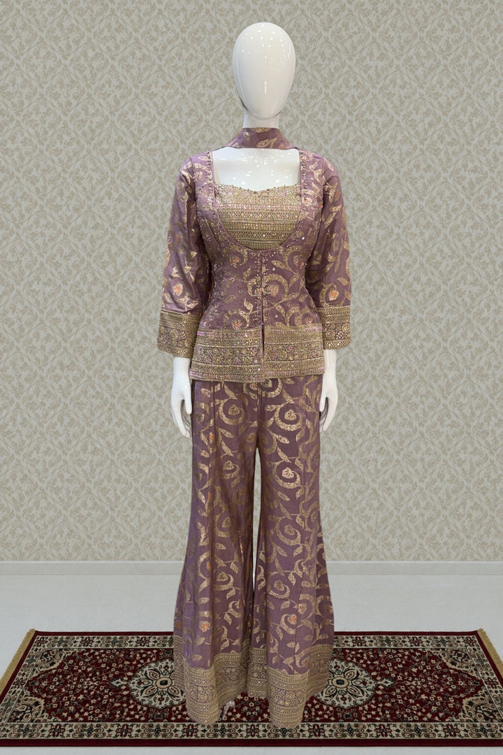 Lavender Palazzo Set with Beads, Sequins and Zari work with Choker Dupatta