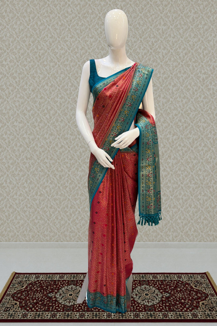 Rani Pink with Rama Blue Banaras work Saree