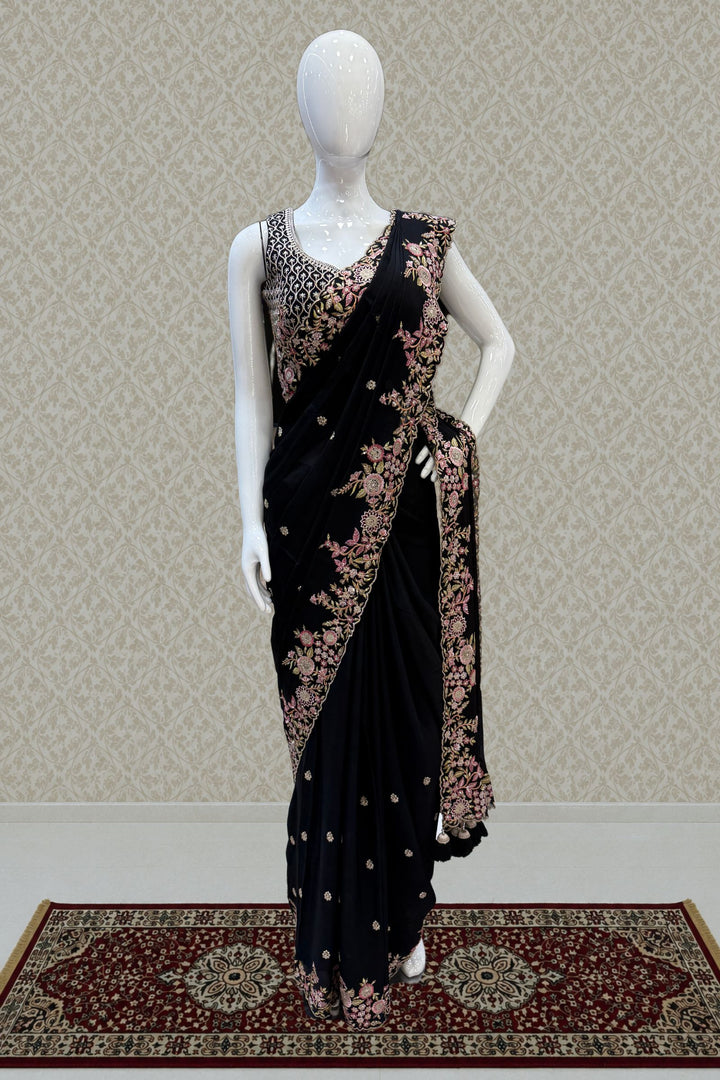 Black Multicolor Embroidery, Zari and Sequins work Saree