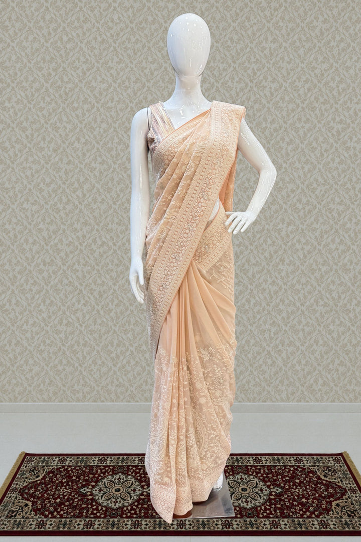 Light Peach Zari, Embroidery and Sequins work Saree