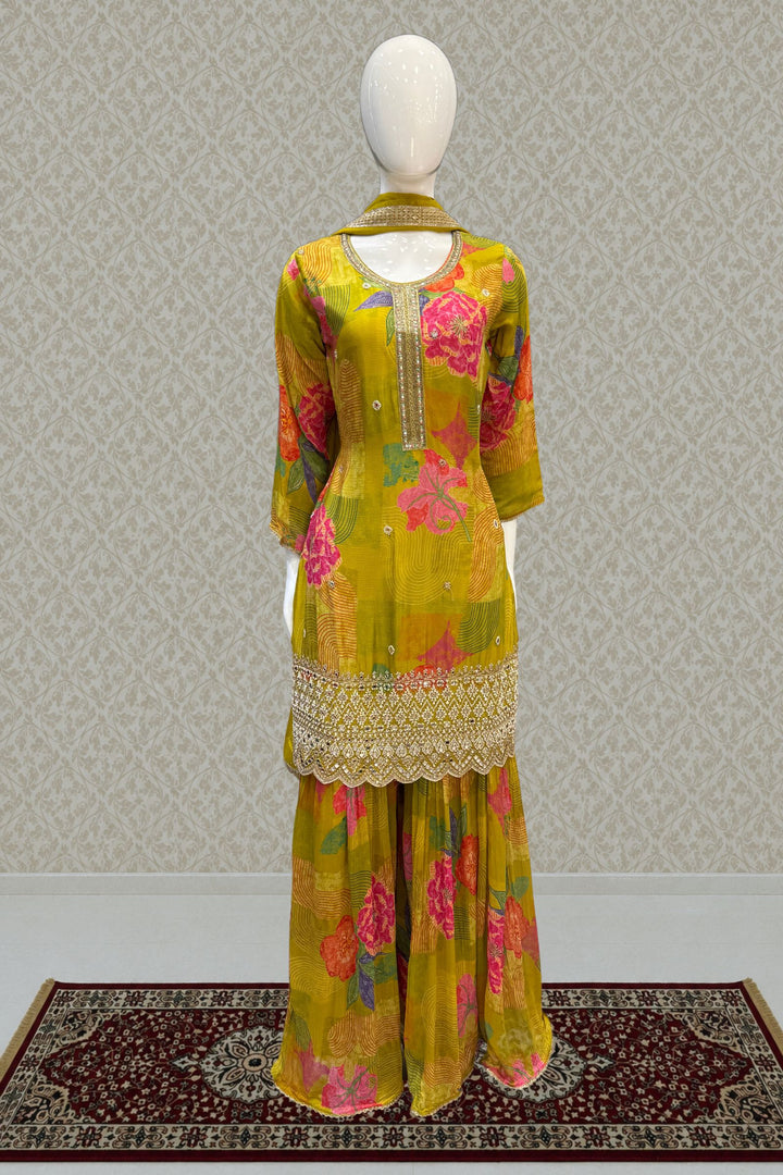 Lemon Green Sequins, Beads and Zari work with Floral Print Palazzo Salwar Suit