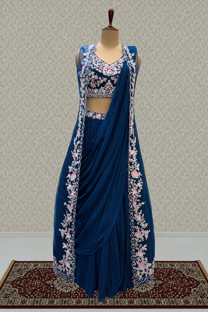 Teal Blue Sequins, Stone and Pearl work Indo-Western Styled Crop Top Lehenga  with Overcoat