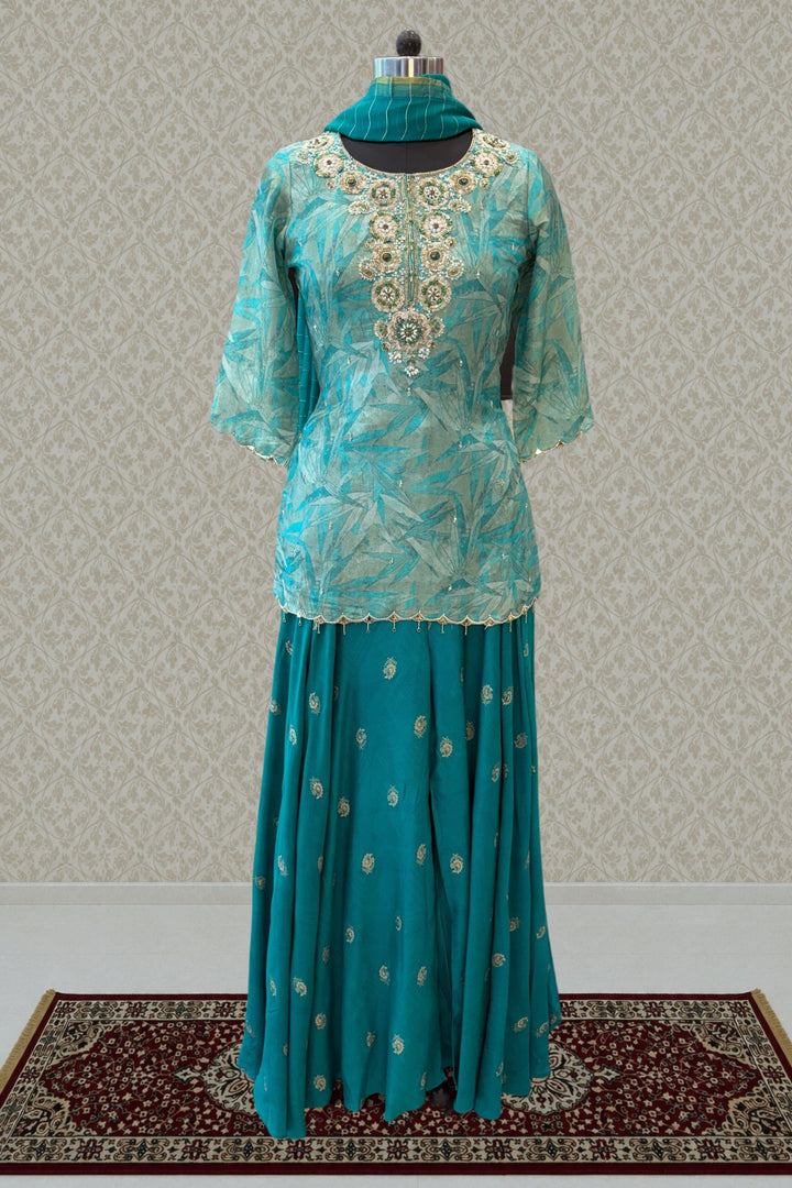 Rama Blue Zardozi, Beads, Sequins, Pearl, Stone and Banaras work Palazzo Salwar Suit
