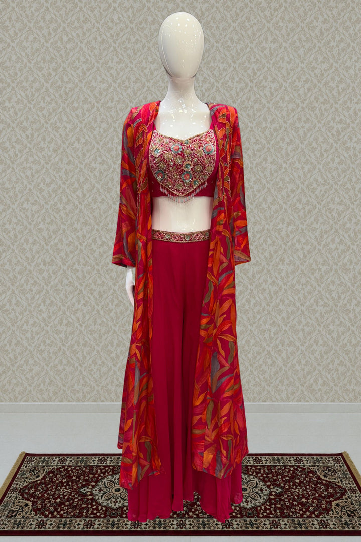 Rani Pink with Multicolor Digital Print Overcoat Styled Palazzo Suit Set