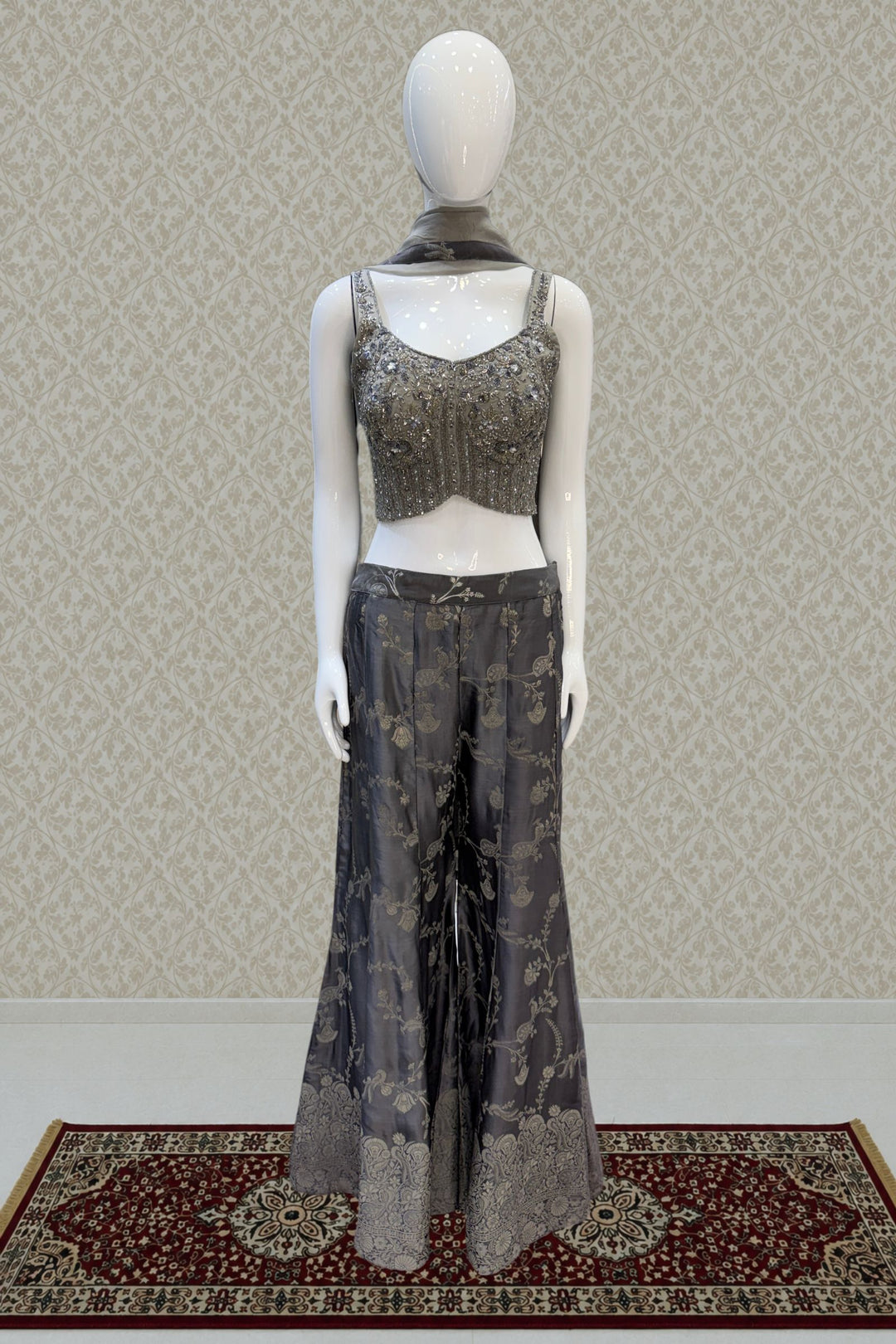 Grey Beads, Sequins, Pearls, Stone and banaras work Crop Top with Palazzo Pant