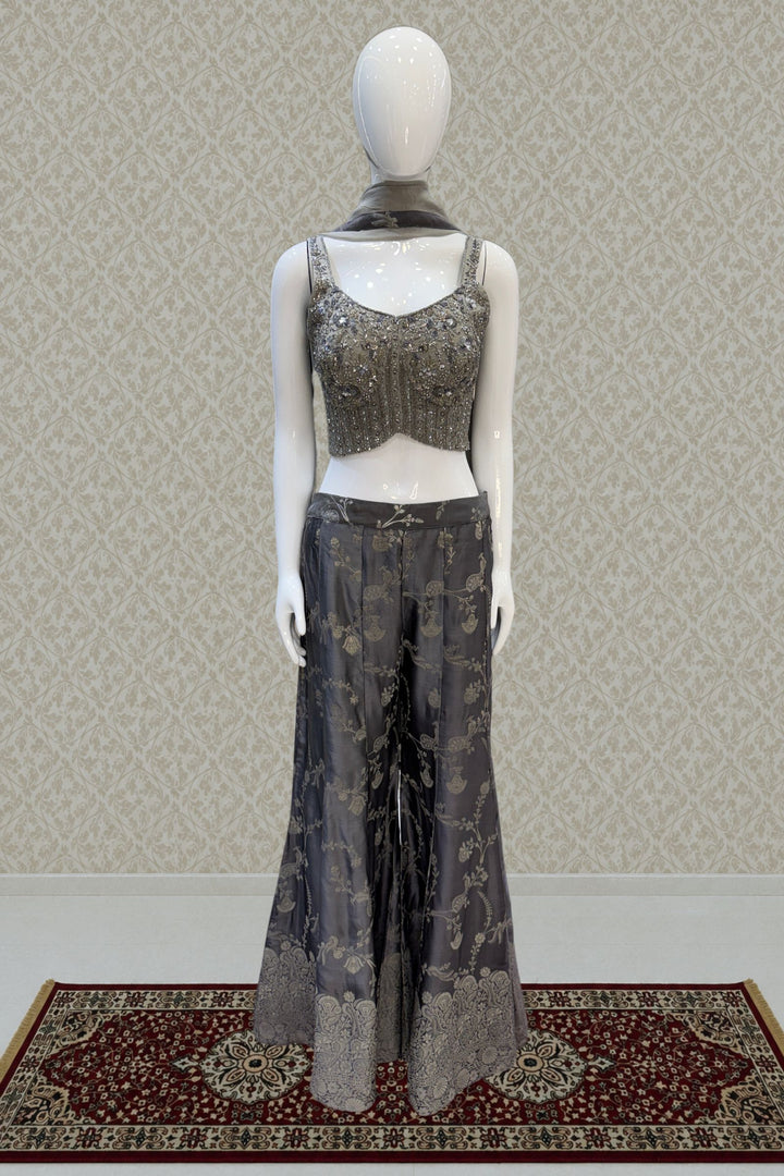 Grey Beads, Sequins, Pearls, Stone and banaras work Crop Top with Palazzo Pant