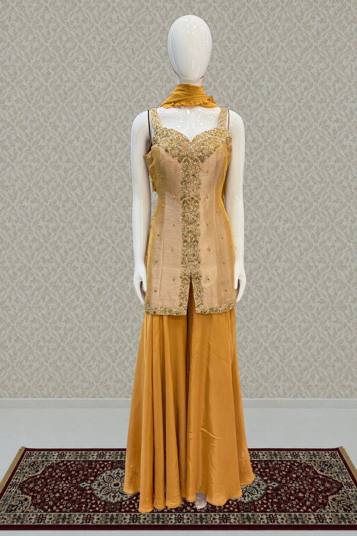 Mustard Beads, Zardozi, Stone and Mirror work Palazzo Salwar Suit