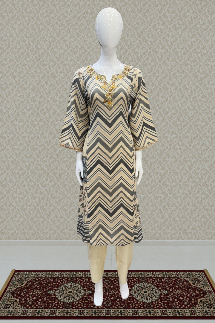 Cream Sequins, Beads and Zardozi work with Zig Zag Stripes Straight Cut Salwar Suit