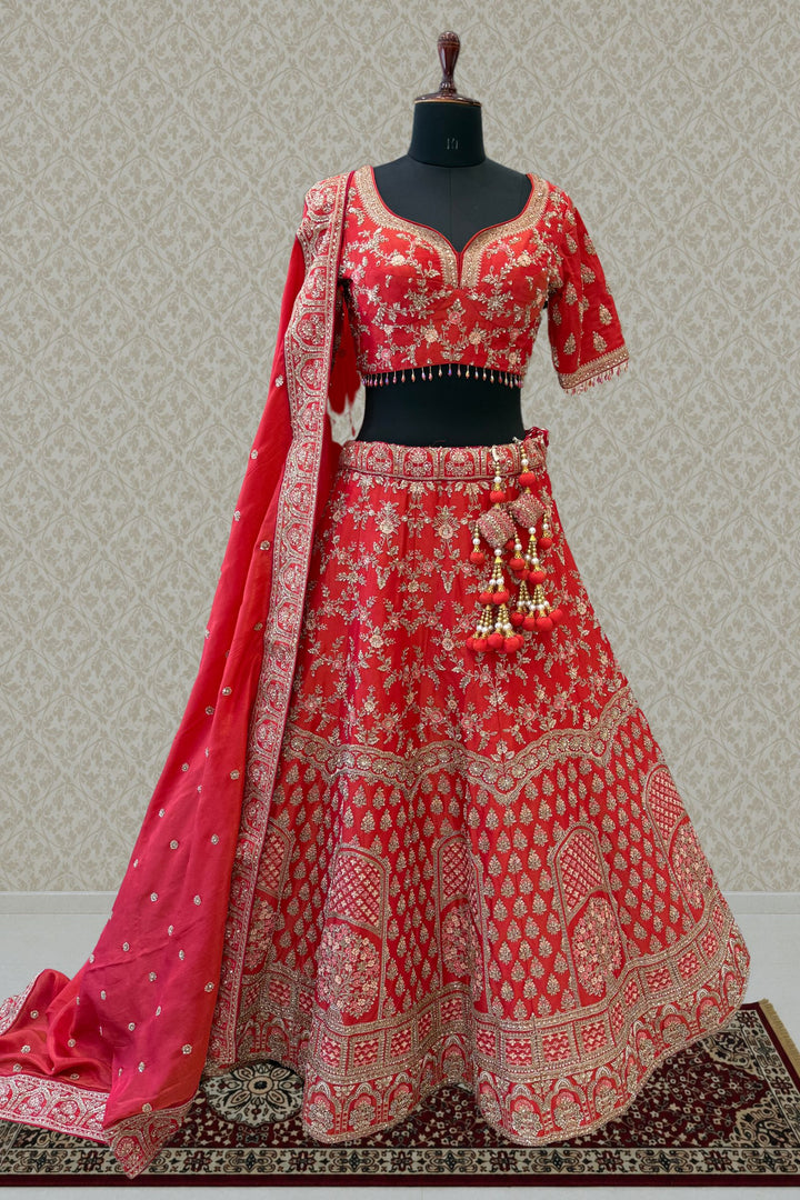 Tomato Red Beads, Zardozi, Sequins and Zari work Crop Top Designer Bridal Lehenga