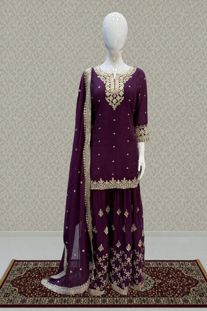 Wine Zari, Pearls and Sequins work Palazzo Salwar Suit