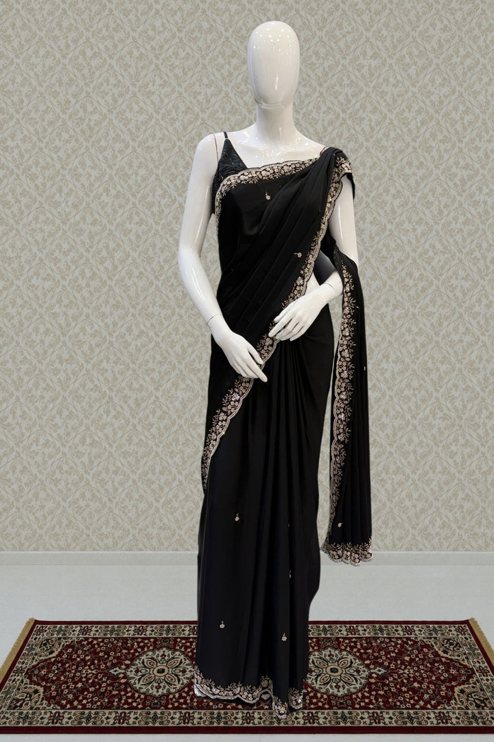 Black Satin Saree Featuring Exquisite Stone, Bead, Zardozi and Sequins