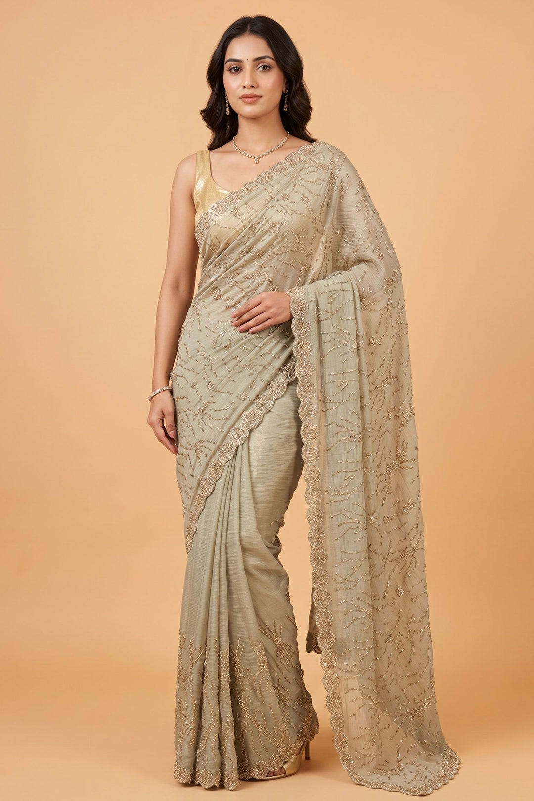 Light Pista Green Saree Featuring Stone and Beads work