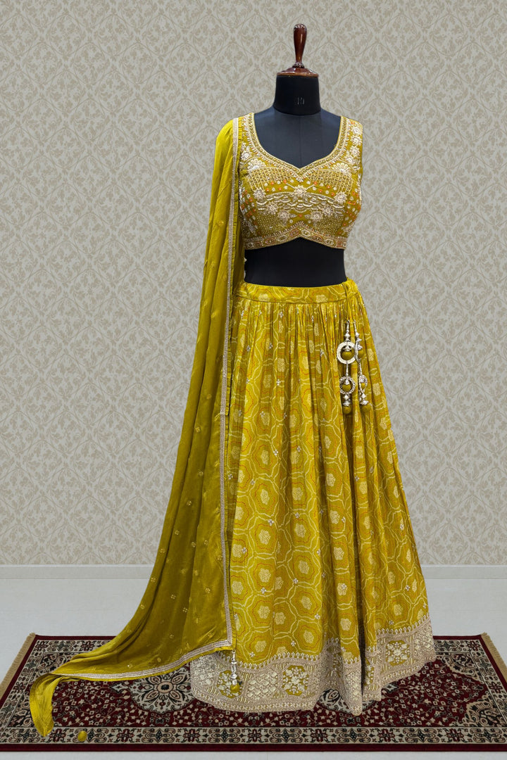 Liril Green Stone, Zardozi, Sequins and Mirror work with Bandini Print Crop Top Lehenga