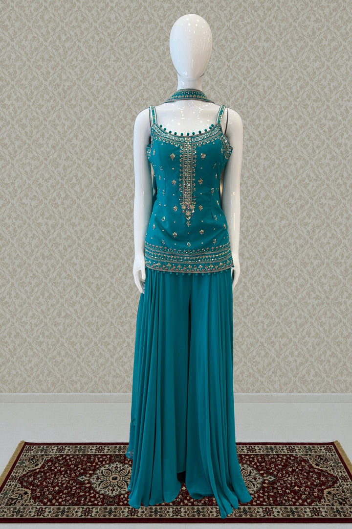 Mirror, Sequins, Zardozi and Thread Detail on Rama Blue Festive Kurta with Palazzo Set