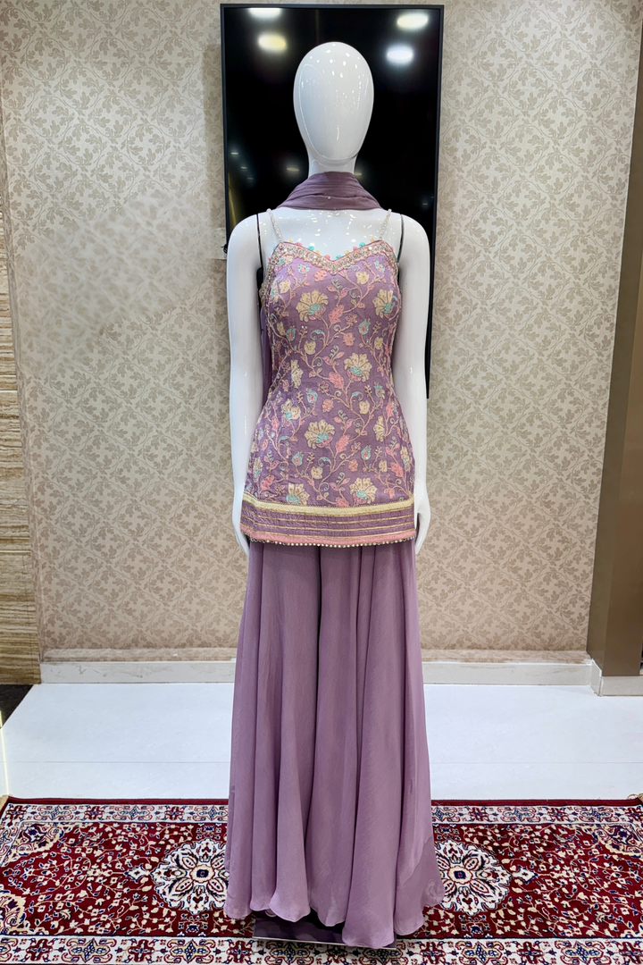 Lavender Zardozi, Mirror and Beads work with Multicolor Digital Print Palazzo Salwar Suit