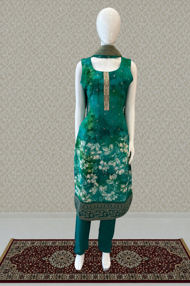 Green Banaras, Beads, Zardozi and Stone work with Floral Print Straight Cut Salwar Suit