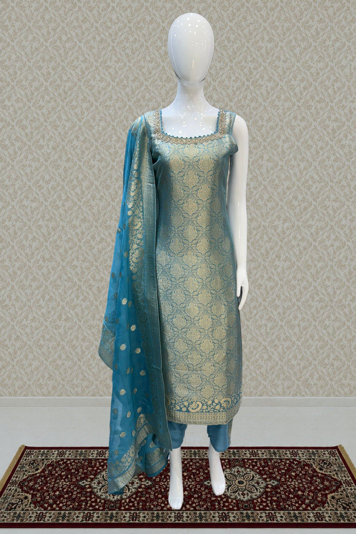 Sea Blue Beads, Mirror, Stone, Banaras and Brocade work Straight Cut Salwar Suit