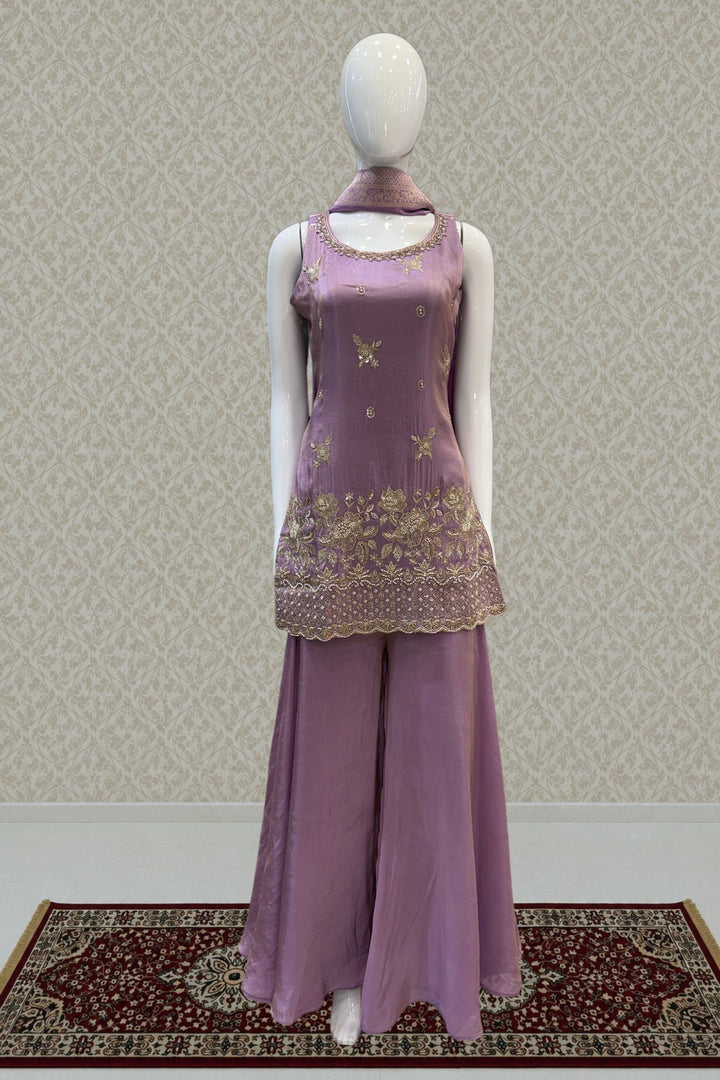 Lilac Beads, Zari and Sequins work Top with Flared Palazzo Set