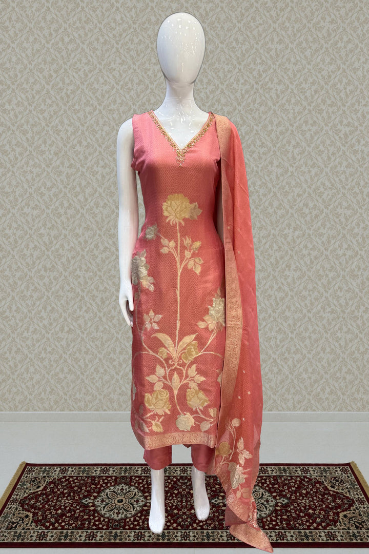 Peach Beads, Sequins, Zardozi and Banaras work Straight Cut Salwar Suit