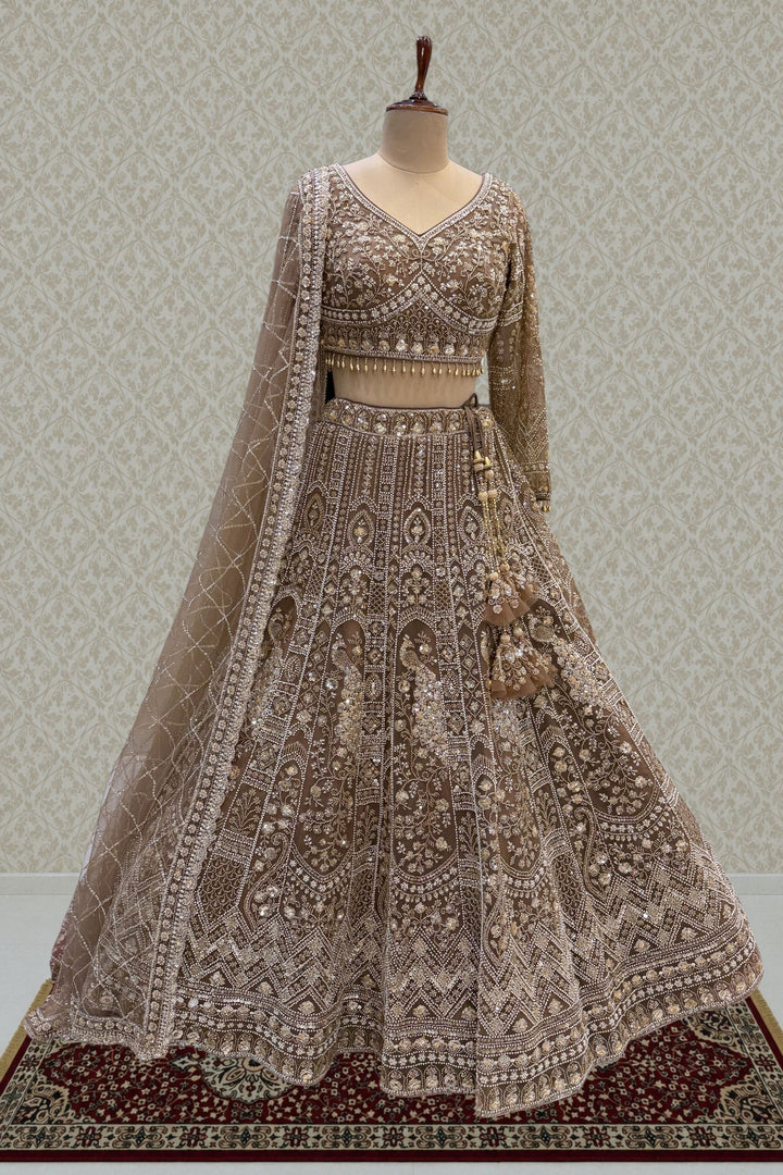 Copper Sequins, Pearl and Zari work Flared Lehenga Set with Peacock Motifs