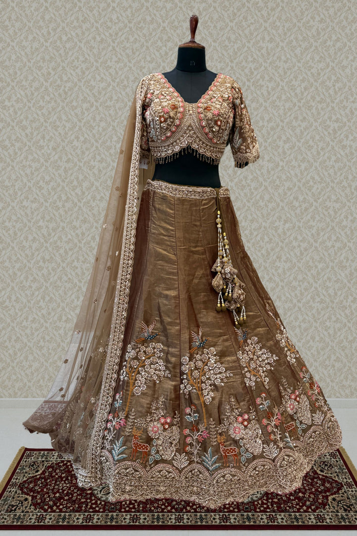 Bridal Organza Lehenga with Hand-Embroidered Birds and Floral Forest Motifs
