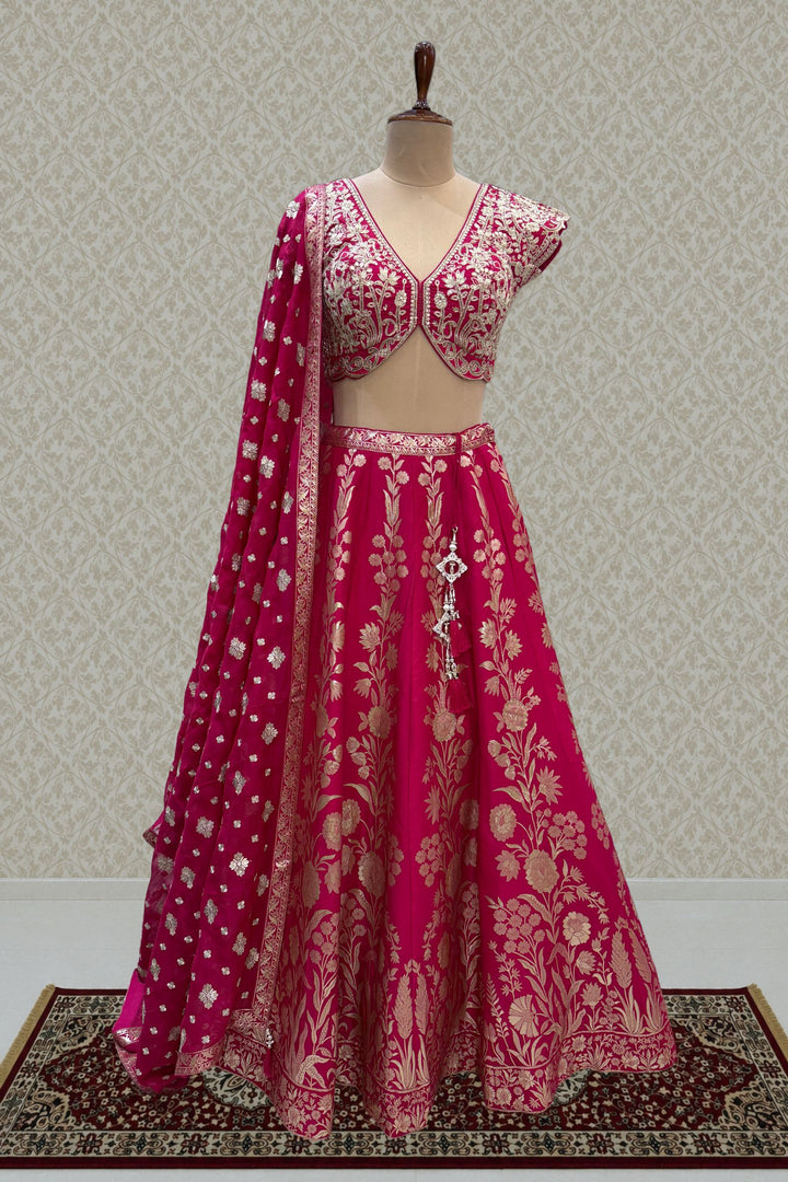 Rani Pink V-Neck Lehenga Choli with Zari, Beads, Sequins and Brocade Work