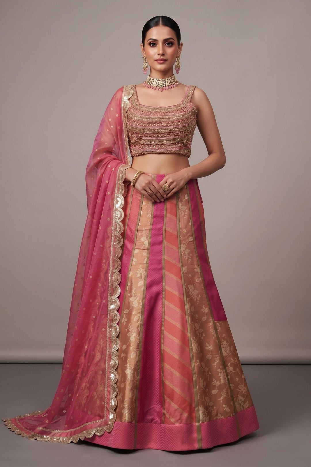 Pink Brocade, Beads, Sequins, Zardozi, Zari and Stone work with Multicolor Lehenga Set