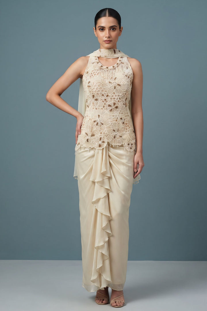 Cream Indo-Western Styled Beads, Sequins and Thread work Top and Cowl Skirt