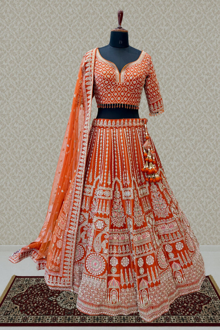 Rust Handworked Zardozi, Sequins, Pearl and Beads work Crop Top Designer Bridal Lehenga
