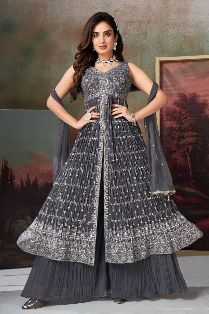 Grey Sequins, Zari and Thread work Salwar Suit with Palazzo Pants