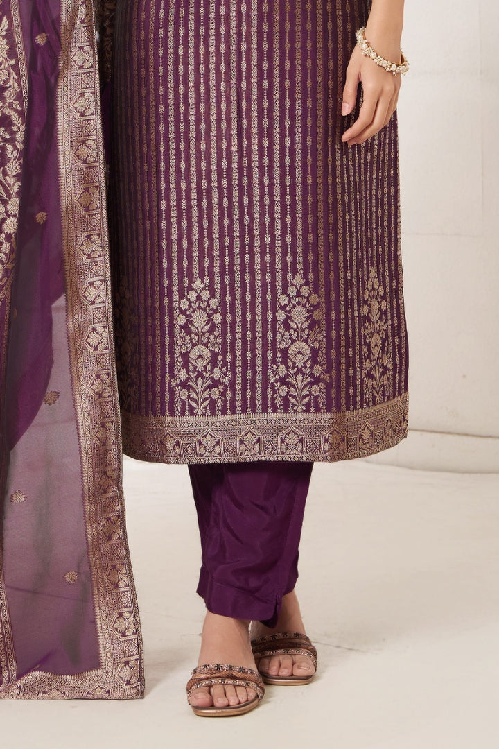 Purple Banaras, Zardozi, Beads and Stone work Straight Cut Salwar Suit