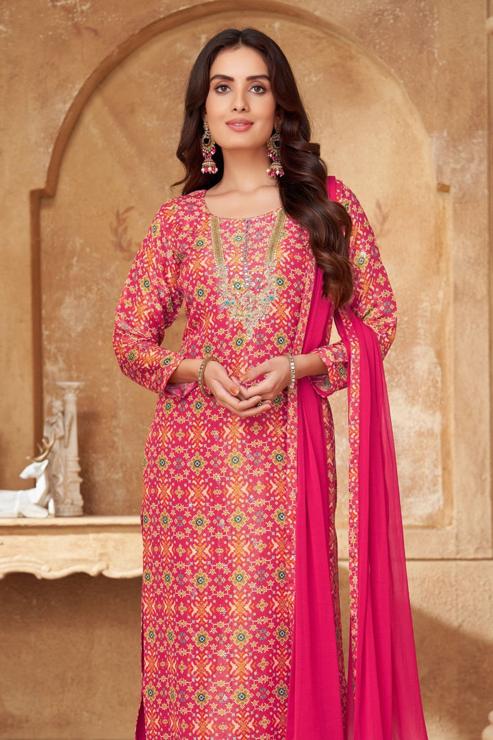 Pink Banaras Weaving, Zardozi and Mirror work with Patola Print Straight Cut Salwar Suit