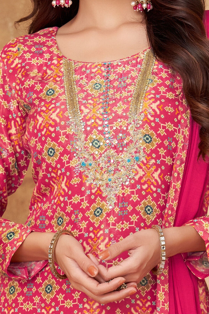 Pink Banaras Weaving, Zardozi and Mirror work with Patola Print Straight Cut Salwar Suit