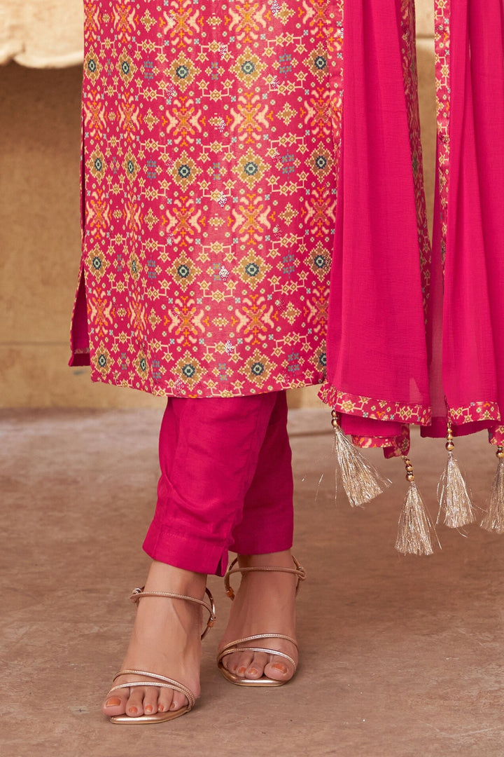 Pink Banaras Weaving, Zardozi and Mirror work with Patola Print Straight Cut Salwar Suit