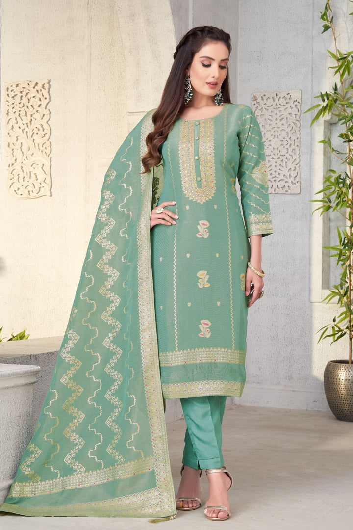 Sea Green Banaras, Beads, Zardozi and Sequins work Straight Cut Salwar Suit