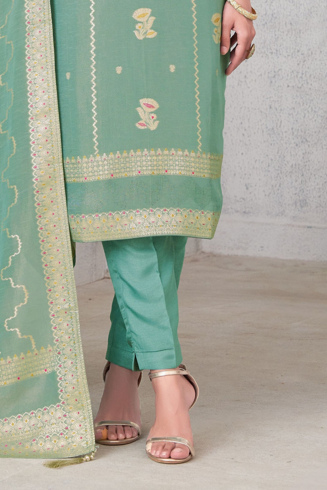 Sea Green Banaras, Beads, Zardozi and Sequins work Straight Cut Salwar Suit