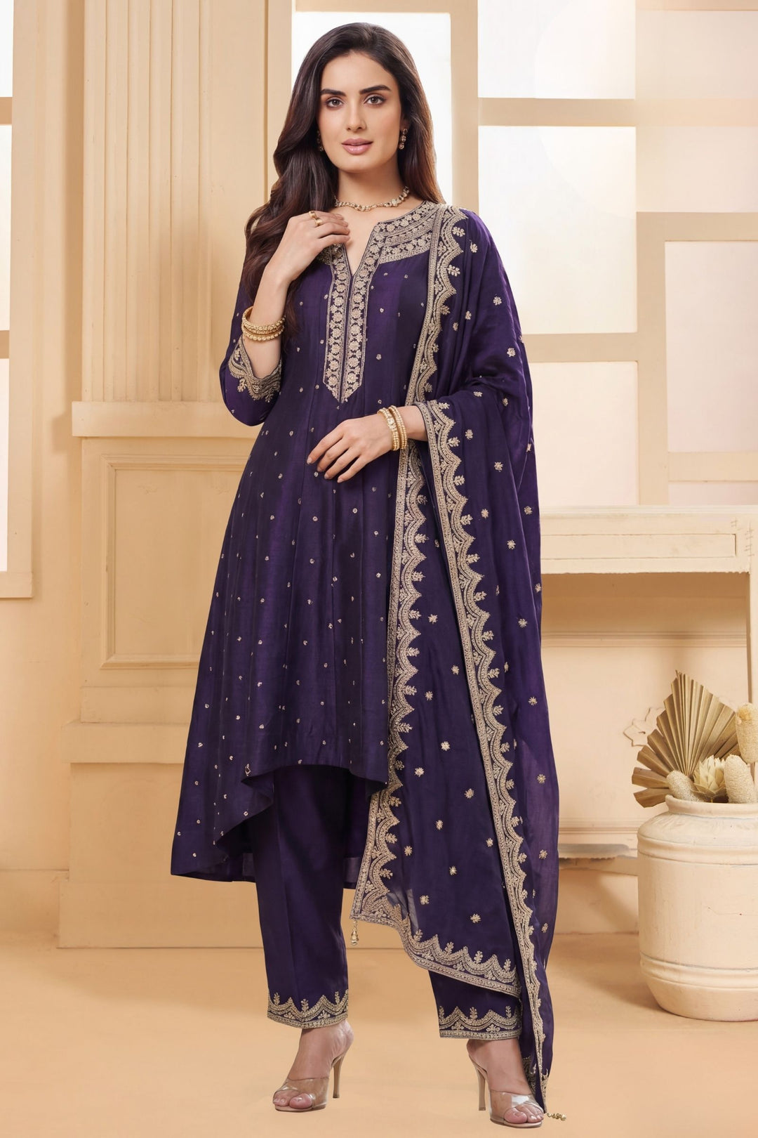Purple Zari and Sequins work A-line Cut Anarkali Styled Salwar Suit