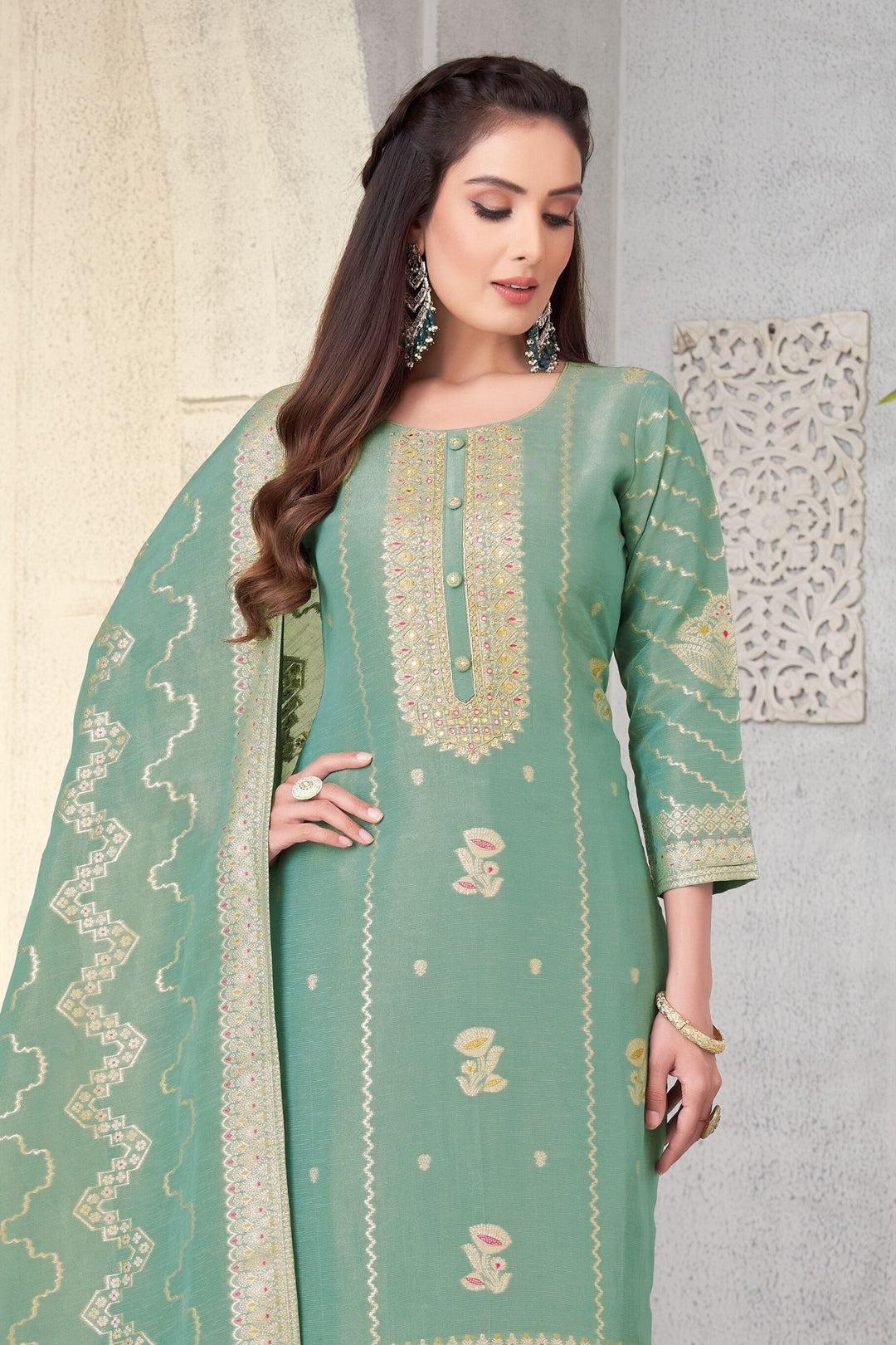 Sea Green Banaras, Beads, Zardozi and Sequins work Straight Cut Salwar Suit