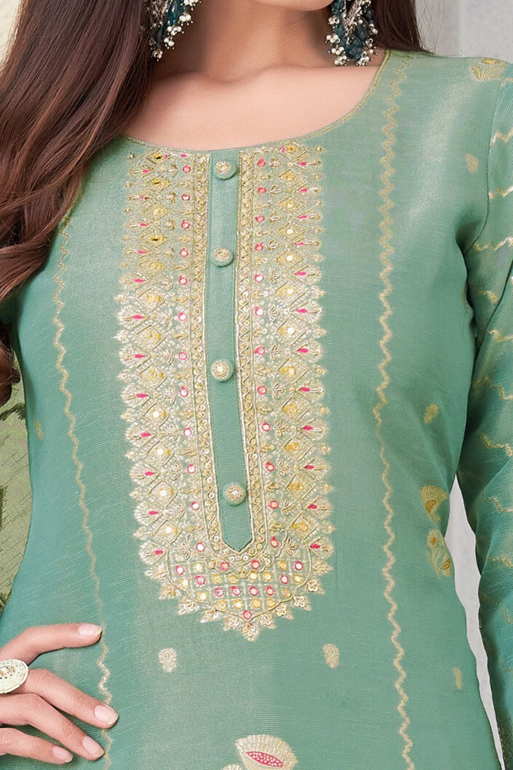 Sea Green Banaras, Beads, Zardozi and Sequins work Straight Cut Salwar Suit