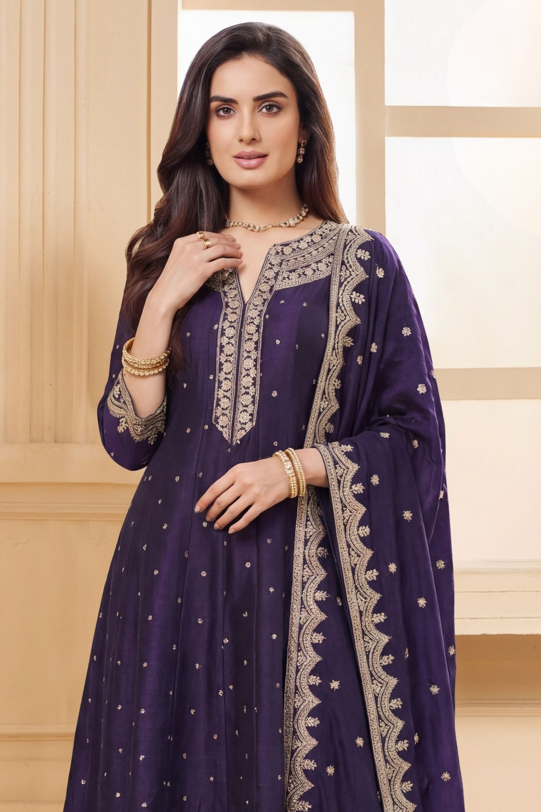 Purple Zari and Sequins work A-line Cut Anarkali Styled Salwar Suit