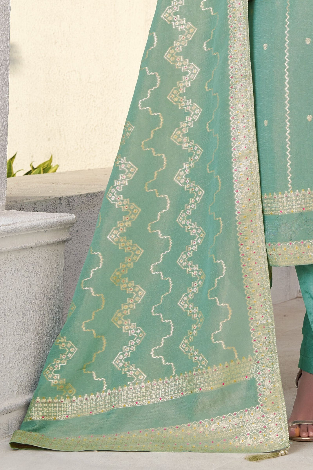 Sea Green Banaras, Beads, Zardozi and Sequins work Straight Cut Salwar Suit