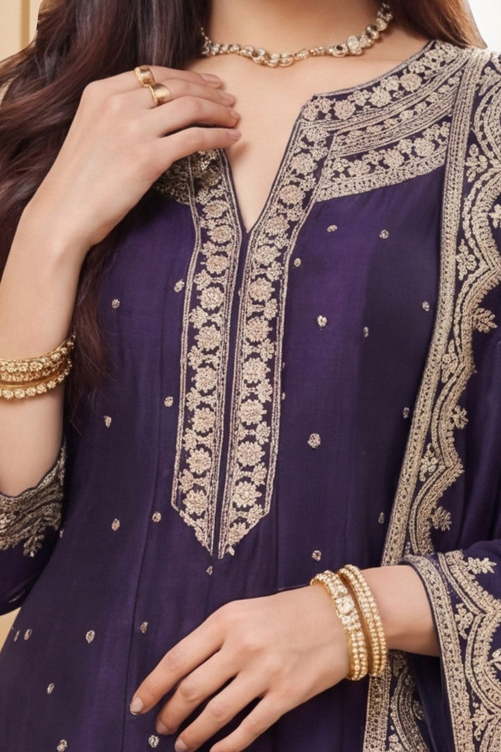 Purple Zari and Sequins work A-line Cut Anarkali Styled Salwar Suit