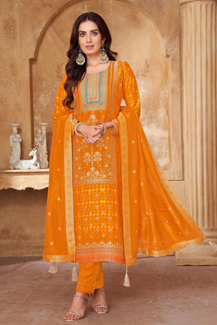 Mustard Banaras, Beads and Sequins work Straight Cut Salwar Suit