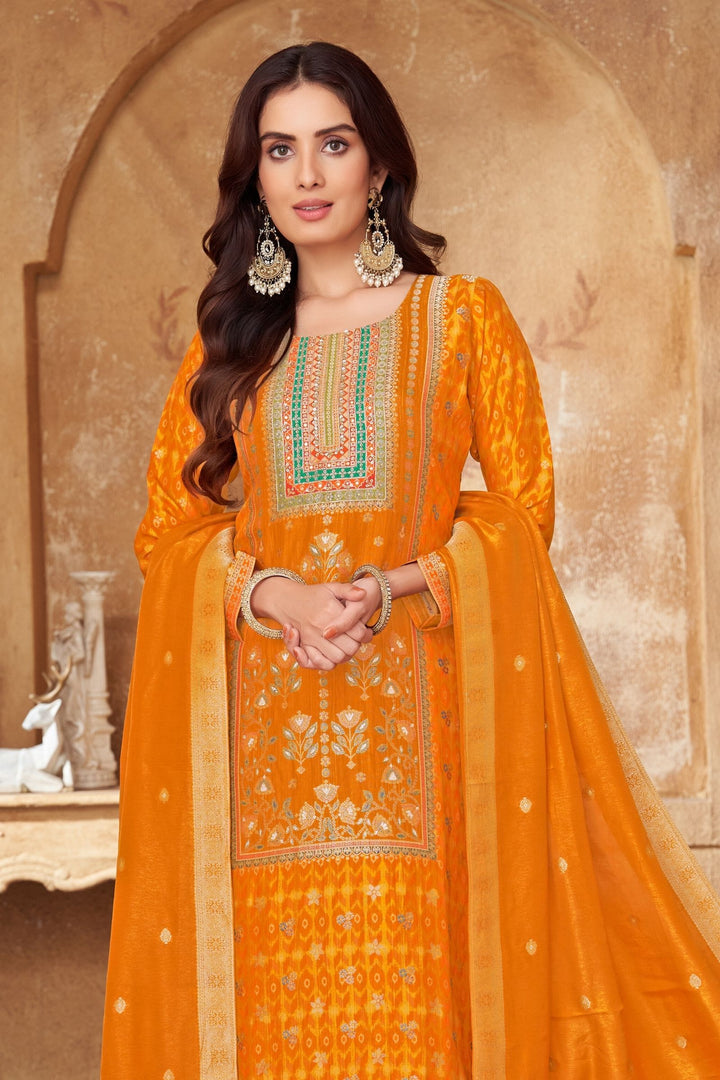 Mustard Banaras, Beads and Sequins work Straight Cut Salwar Suit