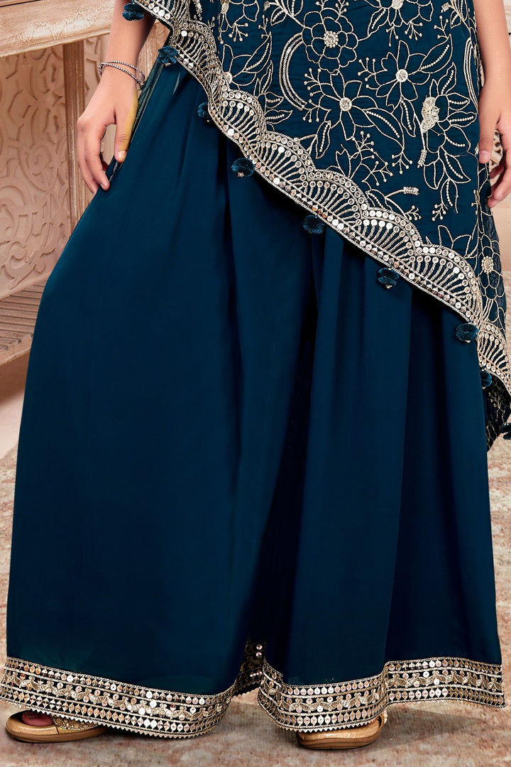 Teal Blue Sequins and Zari work Palazzo Suit Set for Girls