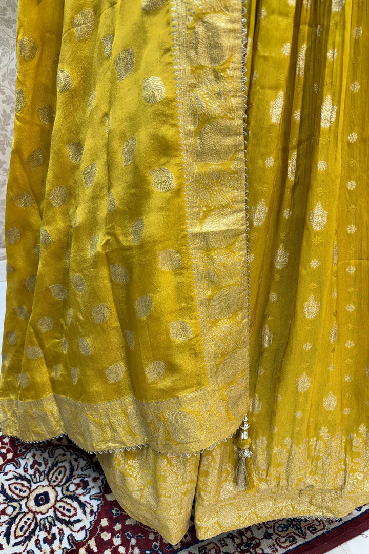 Yellow Jacquard, Mirror, Stone, Sequins, Beads and Banaras work Peplum Style Lehenga